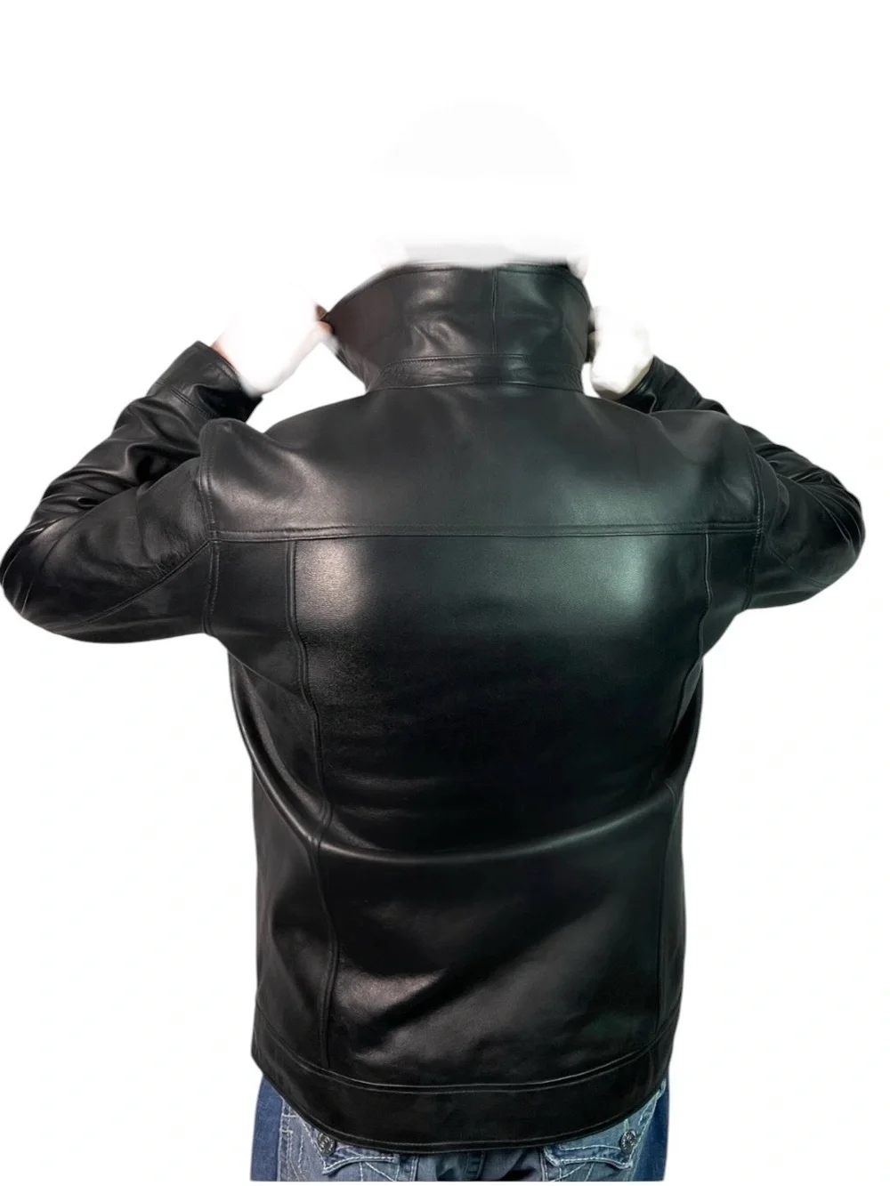 Perry Ellis Portfolio black leather jacket featuring a quilted interior lining - Picture 10 of 17